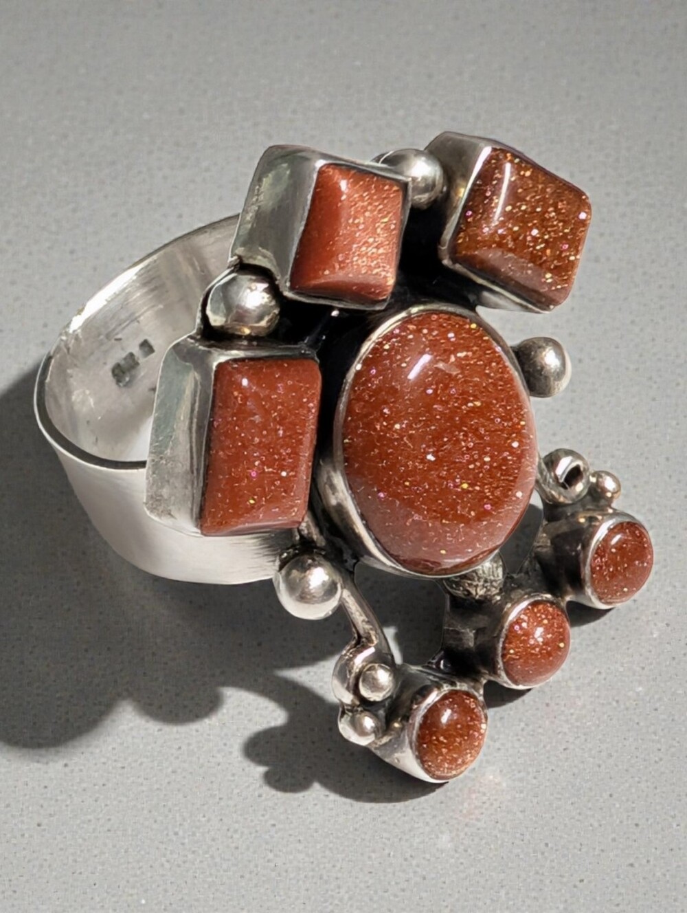 Vintage 925 Sterling Silver Goldstone Cluster Statement Ring